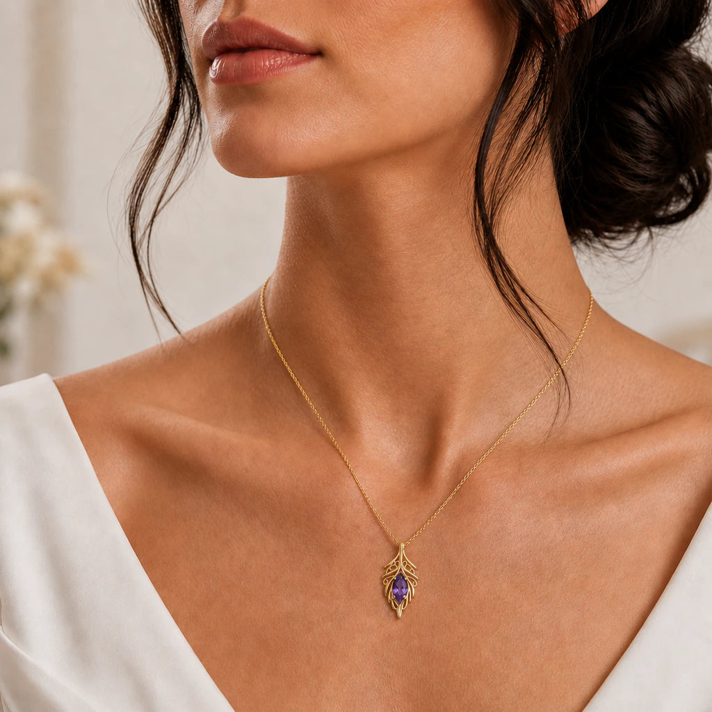 Elven leaf birthstone pendant necklace worn, close-up
