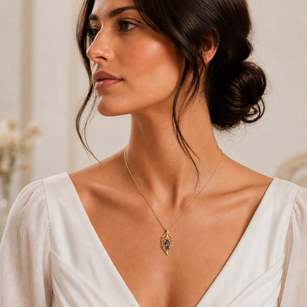 Elven leaf birthstone pendant necklace worn by a model