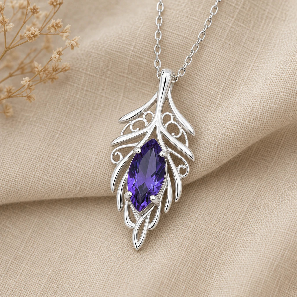 Elven leaf birthstone pendant necklace in 925 sterling silver