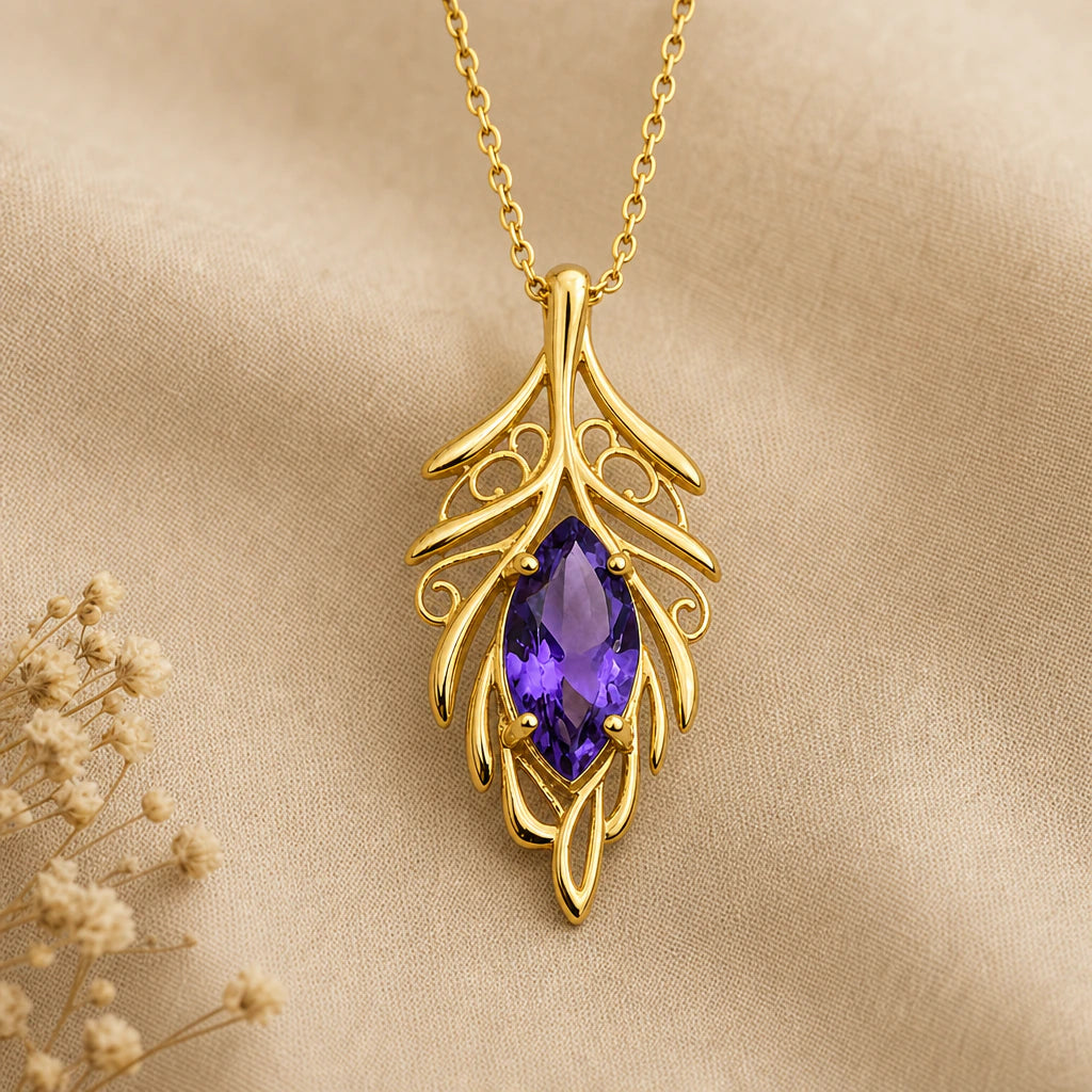 Elven leaf birthstone pendant necklace in 18k gold plated sterling silver
