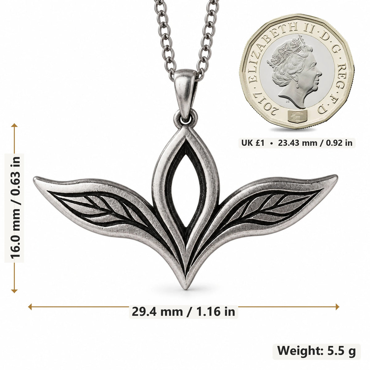Elven Leaf Wing pendant necklace size image showing 16.0 mm height, 29.4 mm width and 5.5 g weight
