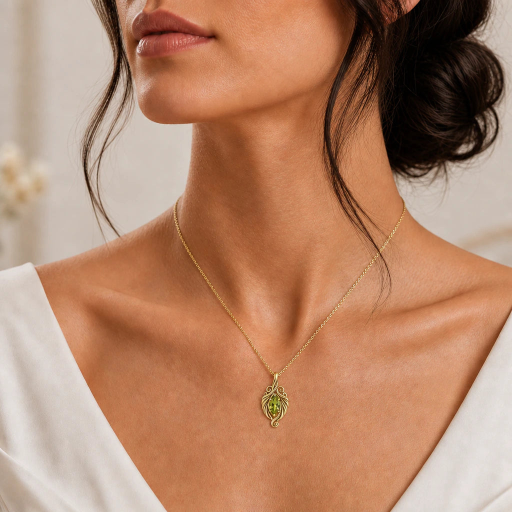 Elven swirl birthstone pendant necklace worn, close-up