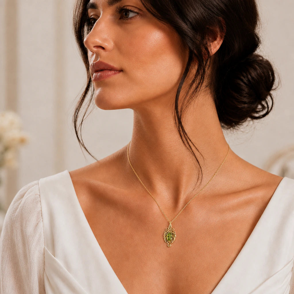 Elven swirl birthstone pendant necklace worn by a model