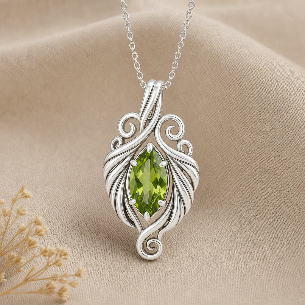 Close-up of silver elven swirl pendant with marquise stone and spirals