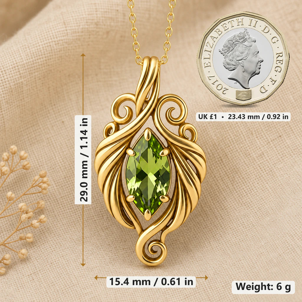 Elven swirl necklace size image showing 29 mm height, 15.4 mm width and 6 g weight beside a UK pound coin