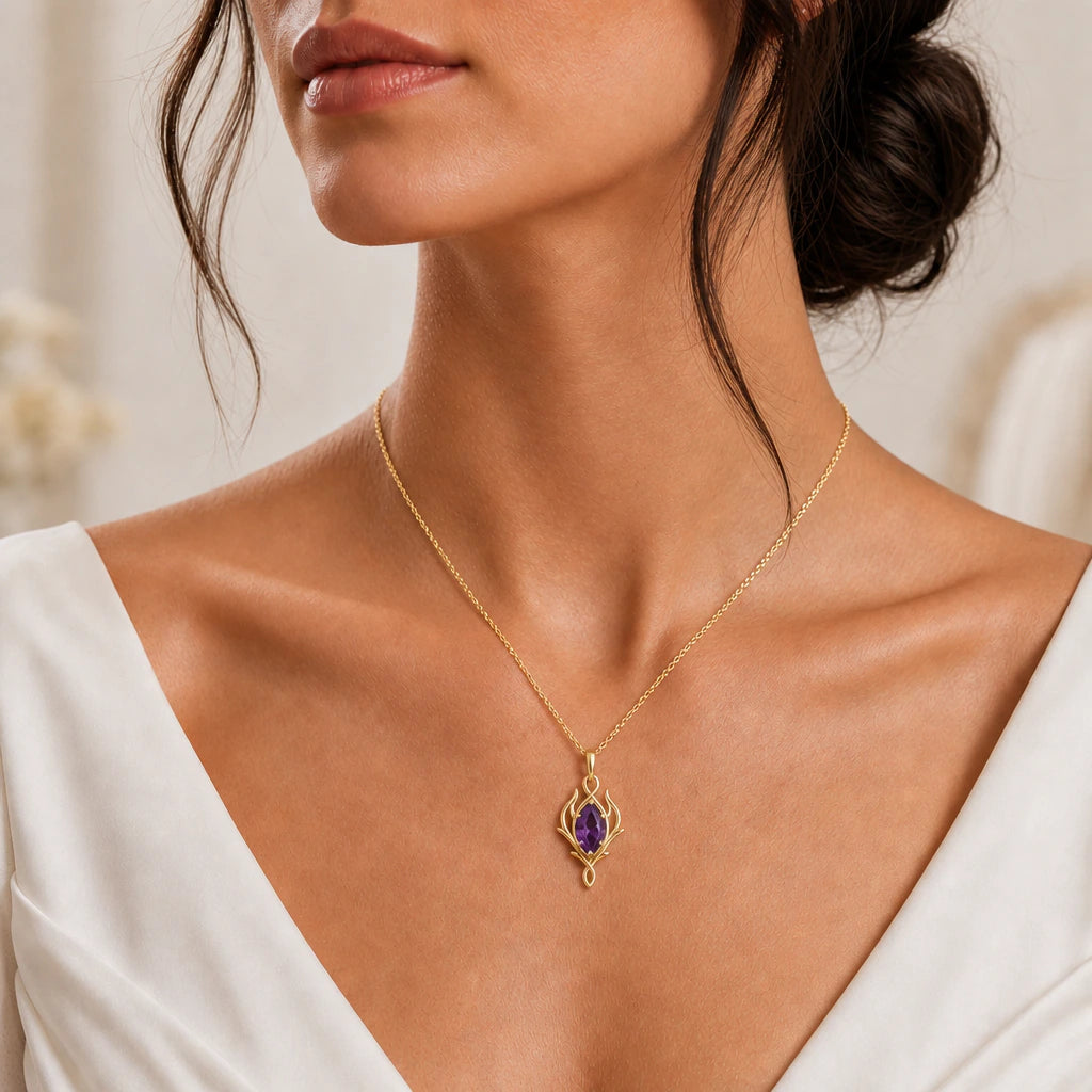 Elven marquise birthstone pendant necklace worn, close-up