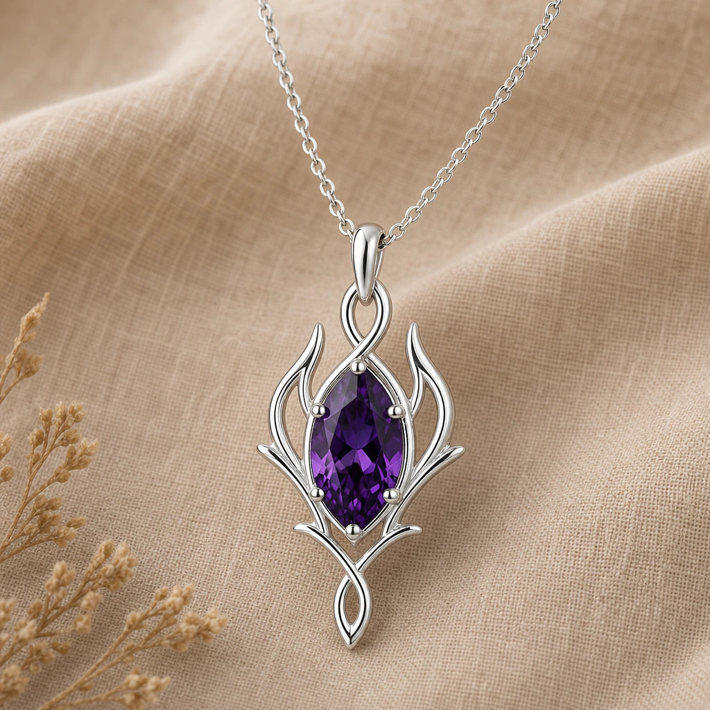 Close-up of silver elven marquise pendant with symmetrical frame