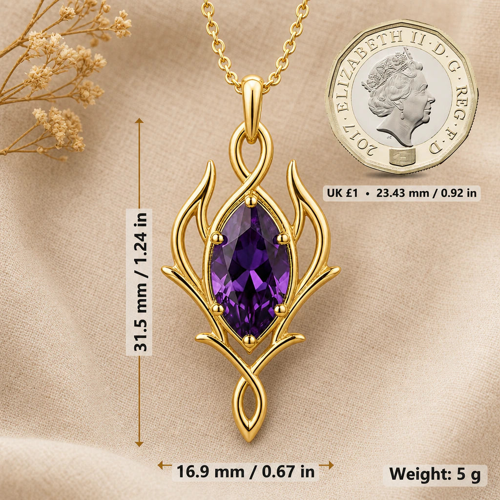 Elven marquise necklace size image showing 31.5 mm height, 16.9 mm width and 5 g weight beside a UK pound coin