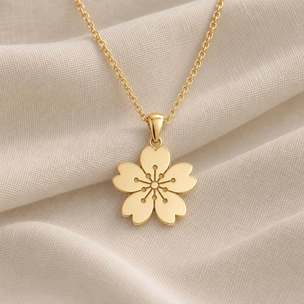 Sakura Cherry Blossom pendant necklace in an 18k gold plated finish