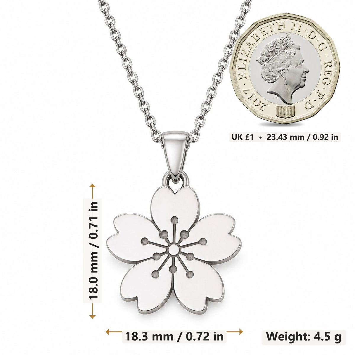 Sakura Cherry Blossom pendant necklace size image showing 18.0 mm height, 18.3 mm width and 4.5 g weight