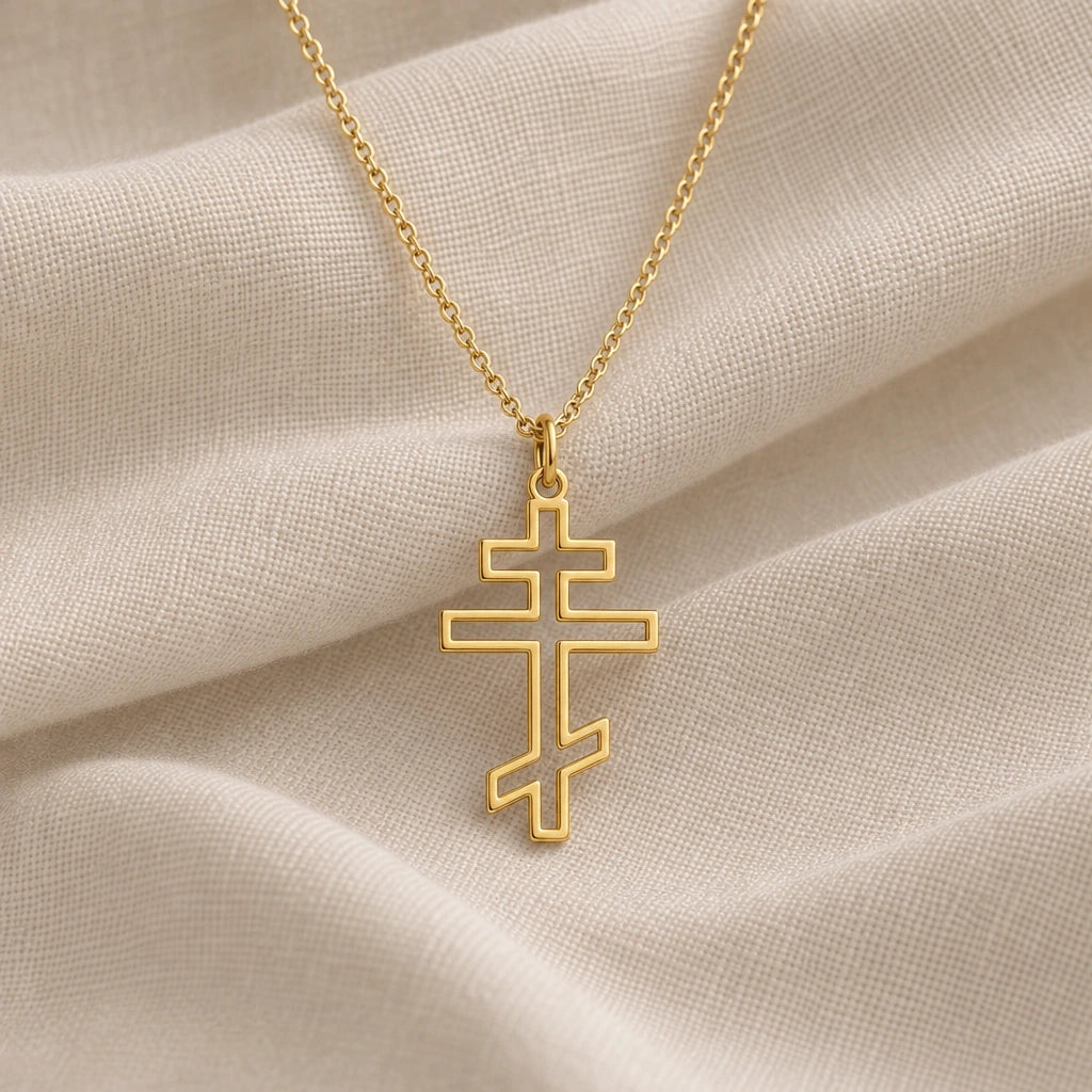 Orthodox Cross Outline pendant necklace in an 18k gold plated finish