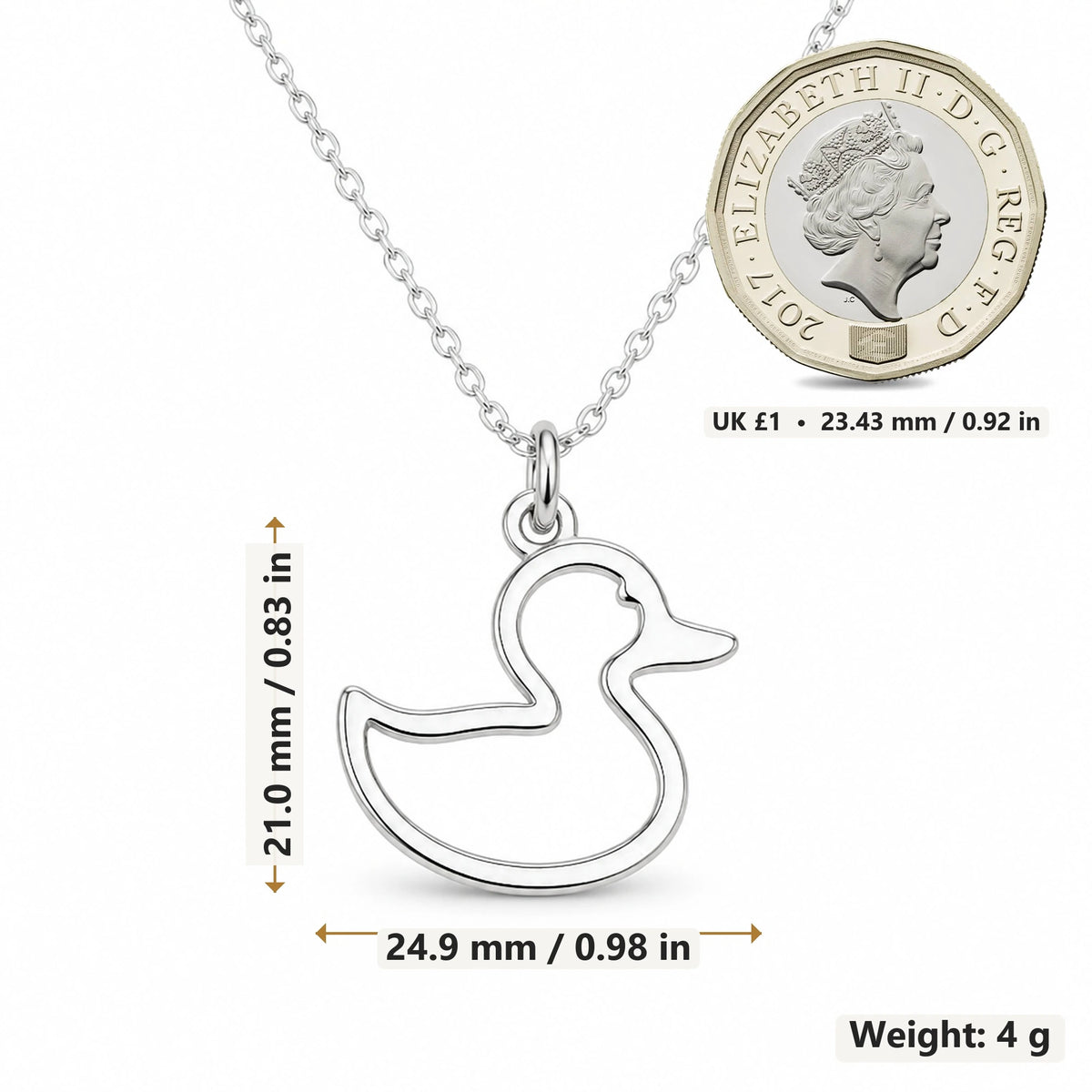Rubber Duck Outline pendant necklace size image showing 21.0 mm height, 24.9 mm width and 4 g weight