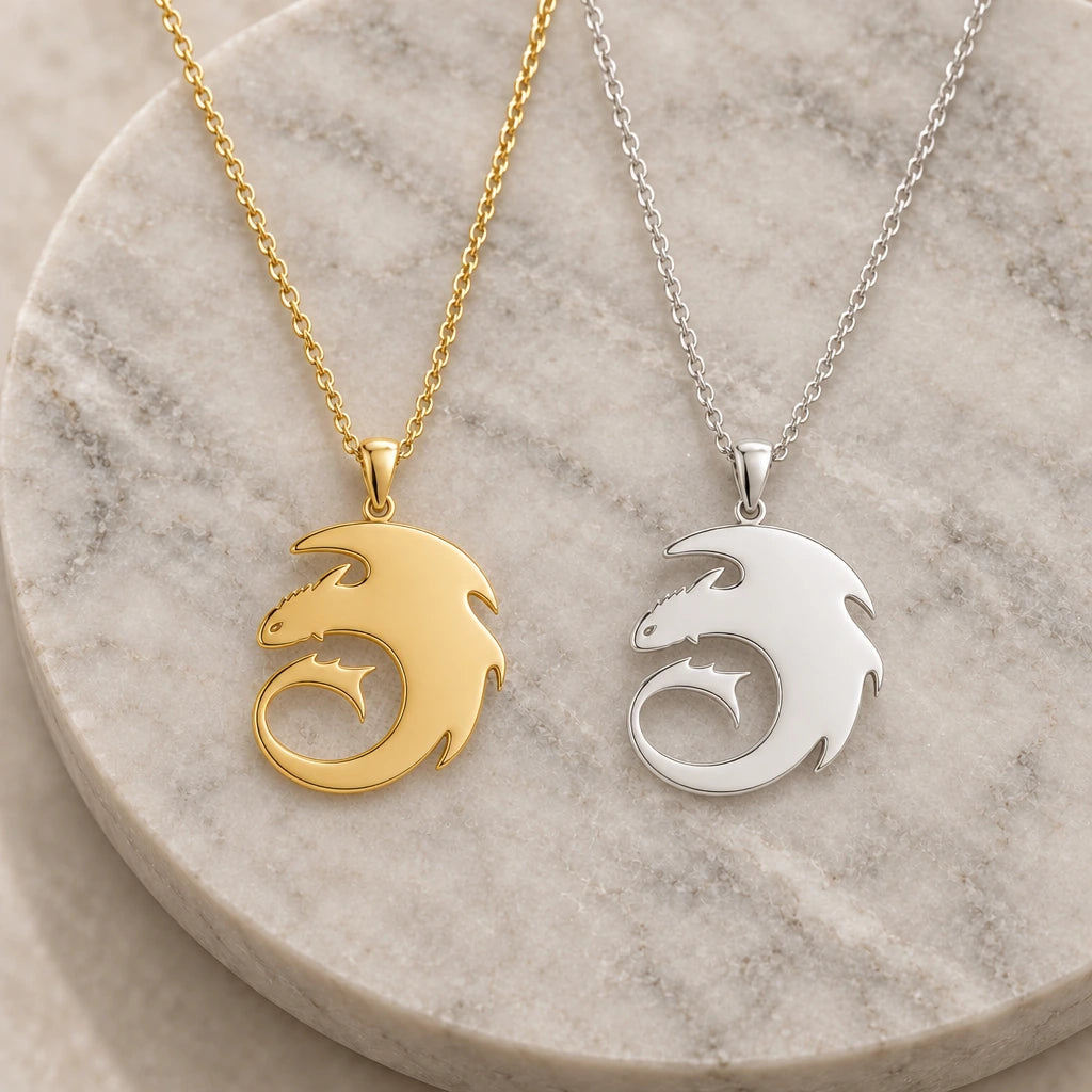 Dragon Spirit pendant necklace in silver and gold finishes side by side