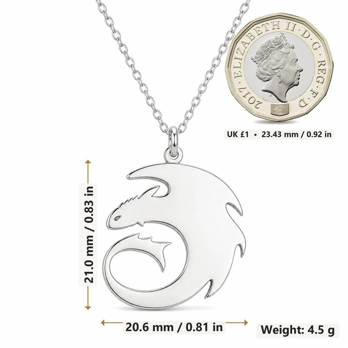 Dragon Spirit pendant necklace size image showing 21.0 mm height, 20.6 mm width and 4.5 g weight
