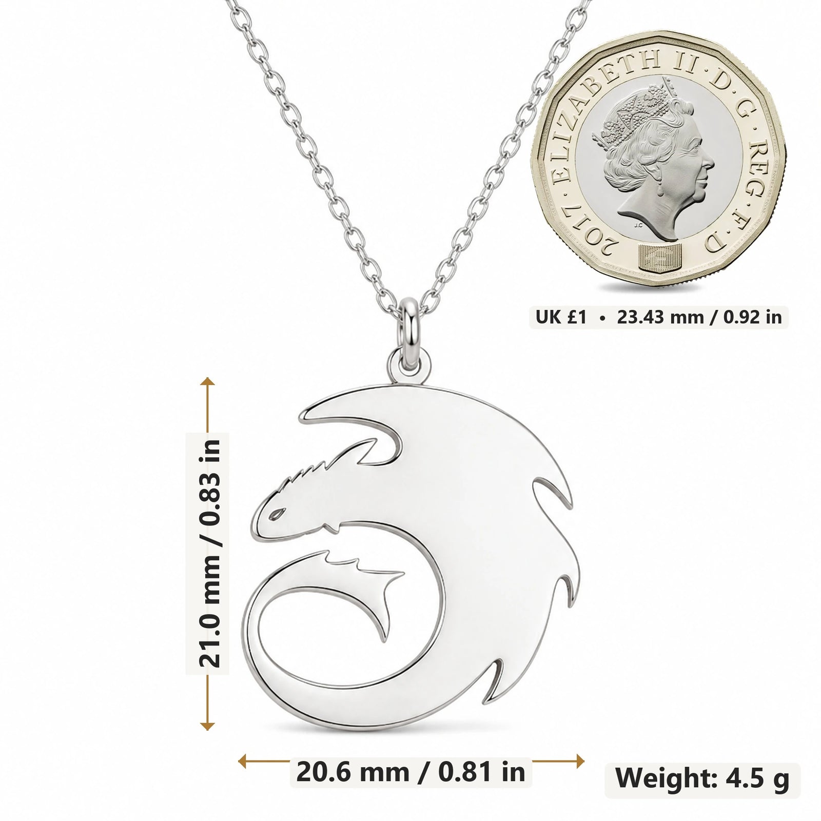Dragon Spirit pendant necklace size image showing 21.0 mm height, 20.6 mm width and 4.5 g weight