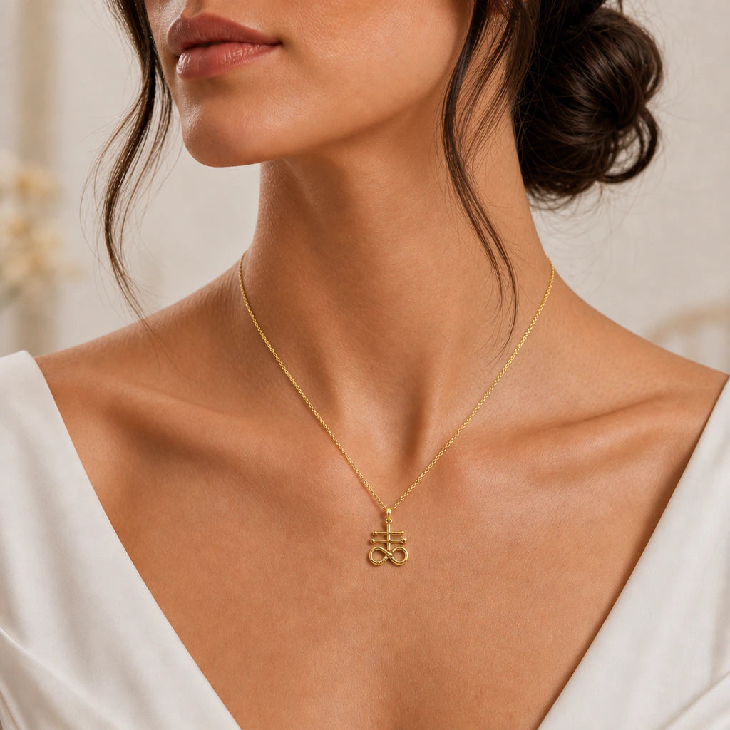Leviathan cross pendant necklace worn, close-up