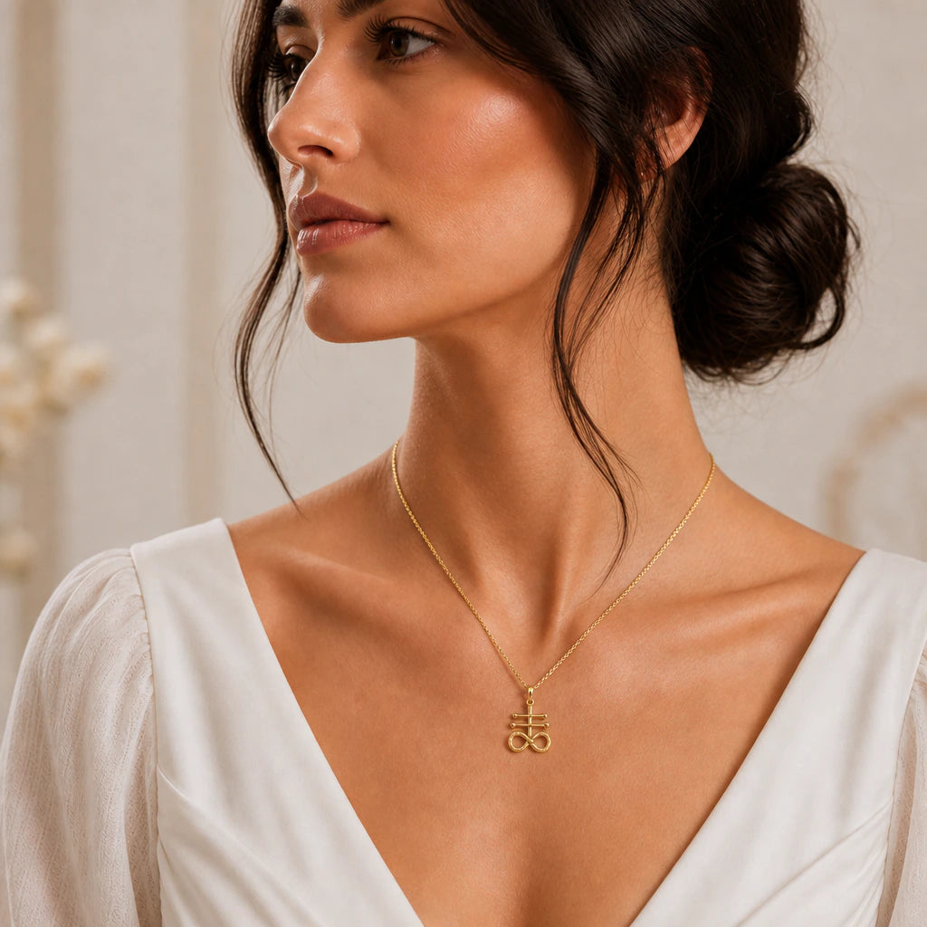 Leviathan cross pendant necklace worn by a model