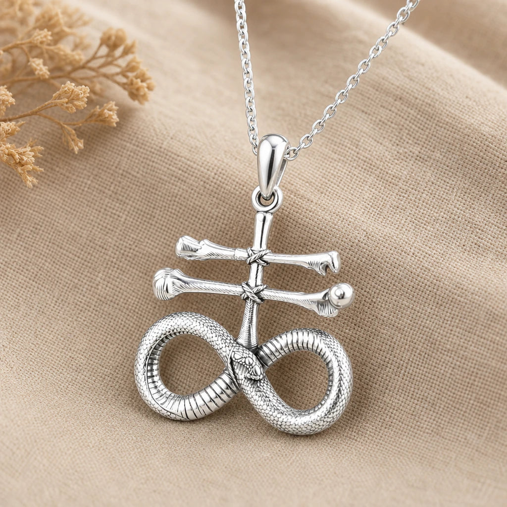 Close-up of silver Leviathan cross pendant with bone cross and serpent loop