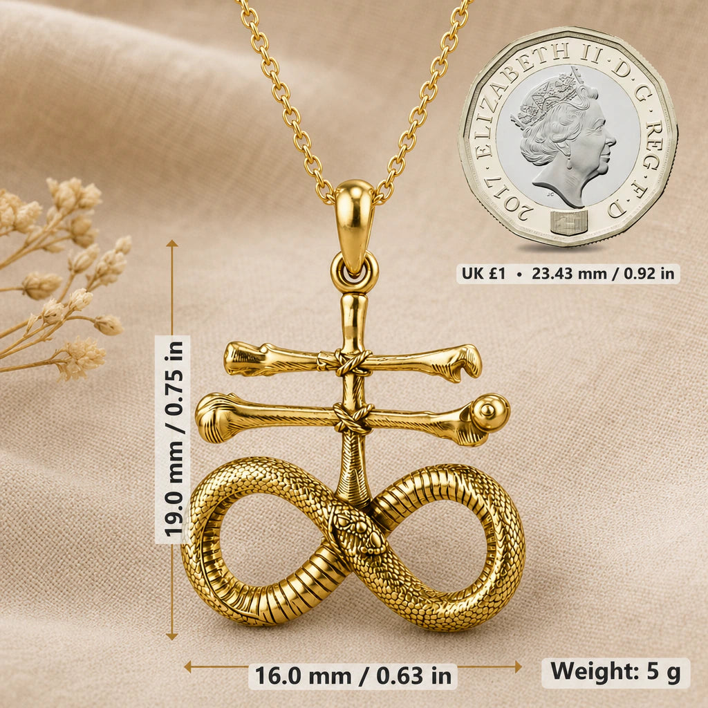 Leviathan cross necklace size image showing 19 mm height, 16 mm width and 5 g weight beside a UK pound coin