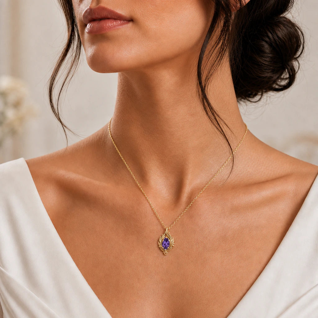 Flame birthstone pendant necklace worn, close-up