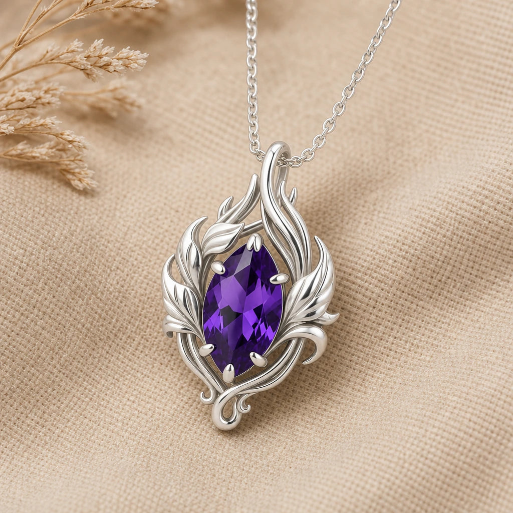 Close-up of silver flame pendant with marquise stone and leaf shaped flames