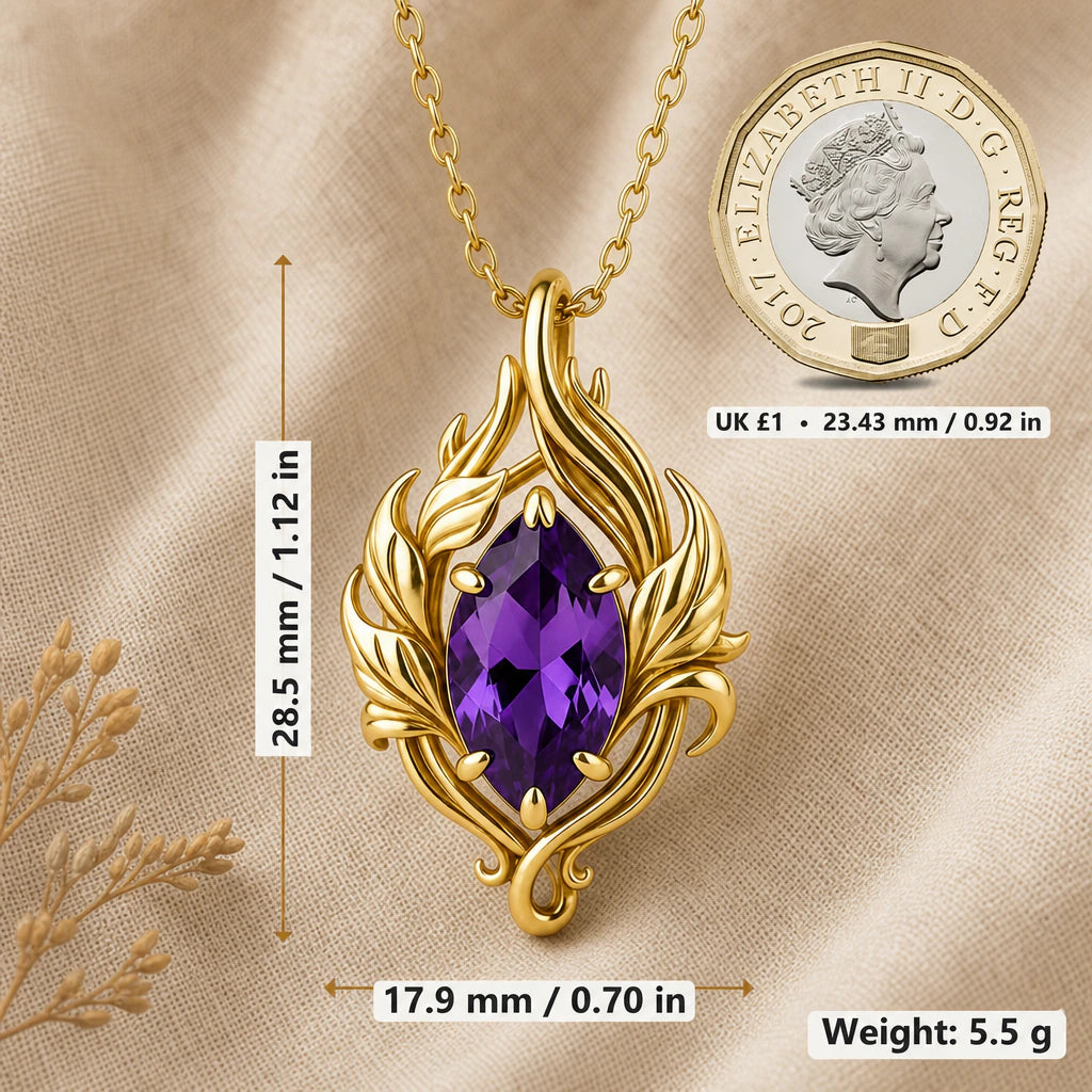 Flame birthstone necklace size image showing 28.5 mm height, 17.9 mm width and 5.5 g weight beside a UK pound coin
