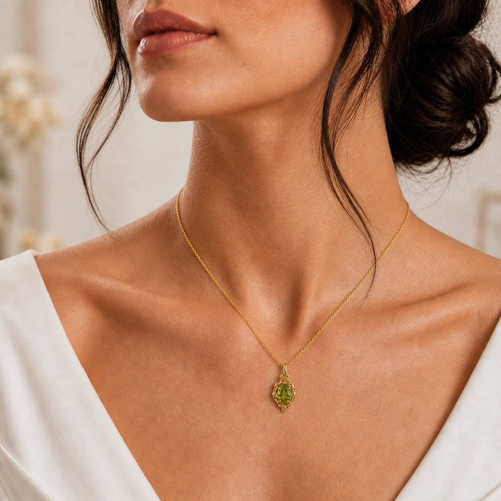 Teardrop vine birthstone pendant necklace worn, close-up