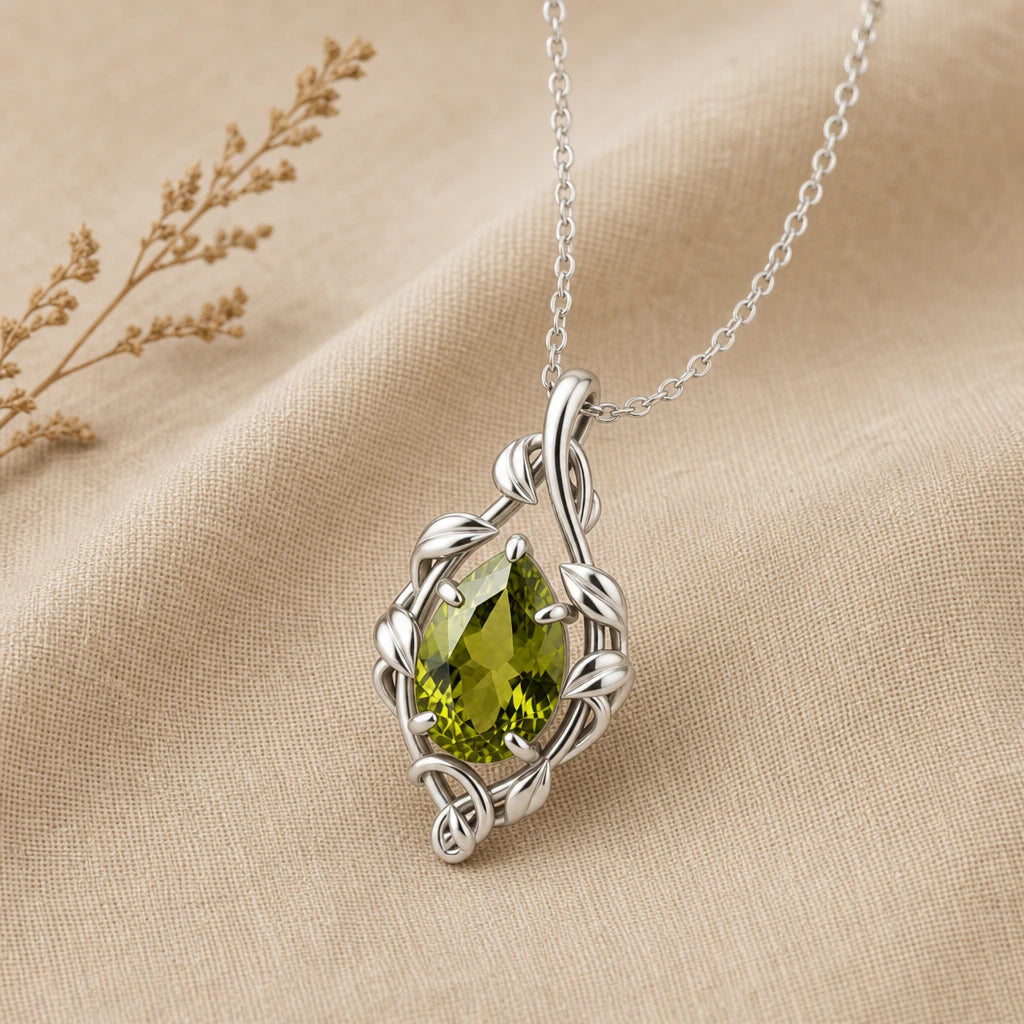 Close-up of silver teardrop vine pendant with pear shaped stone and leaves