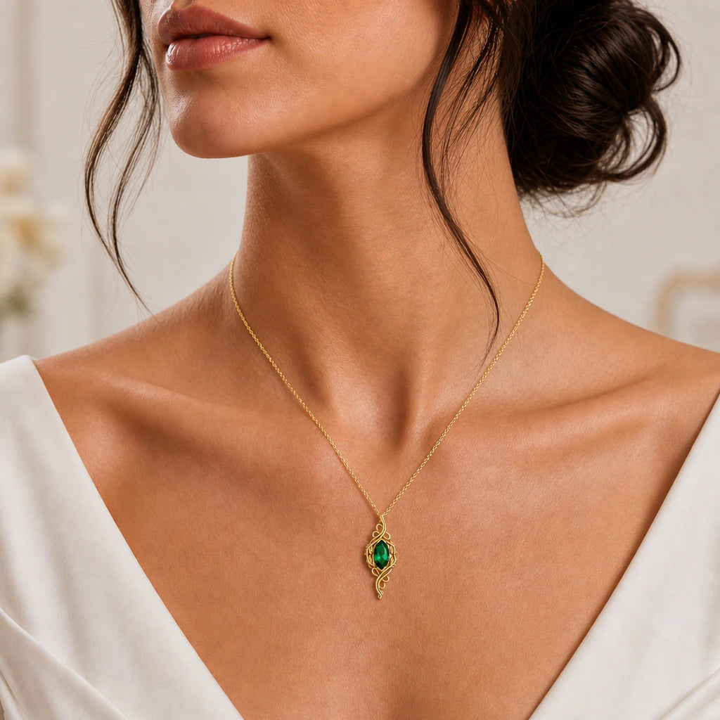 Marquise vine birthstone pendant necklace worn, close-up