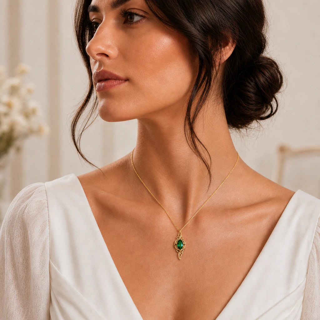 Marquise vine birthstone pendant necklace worn by a model