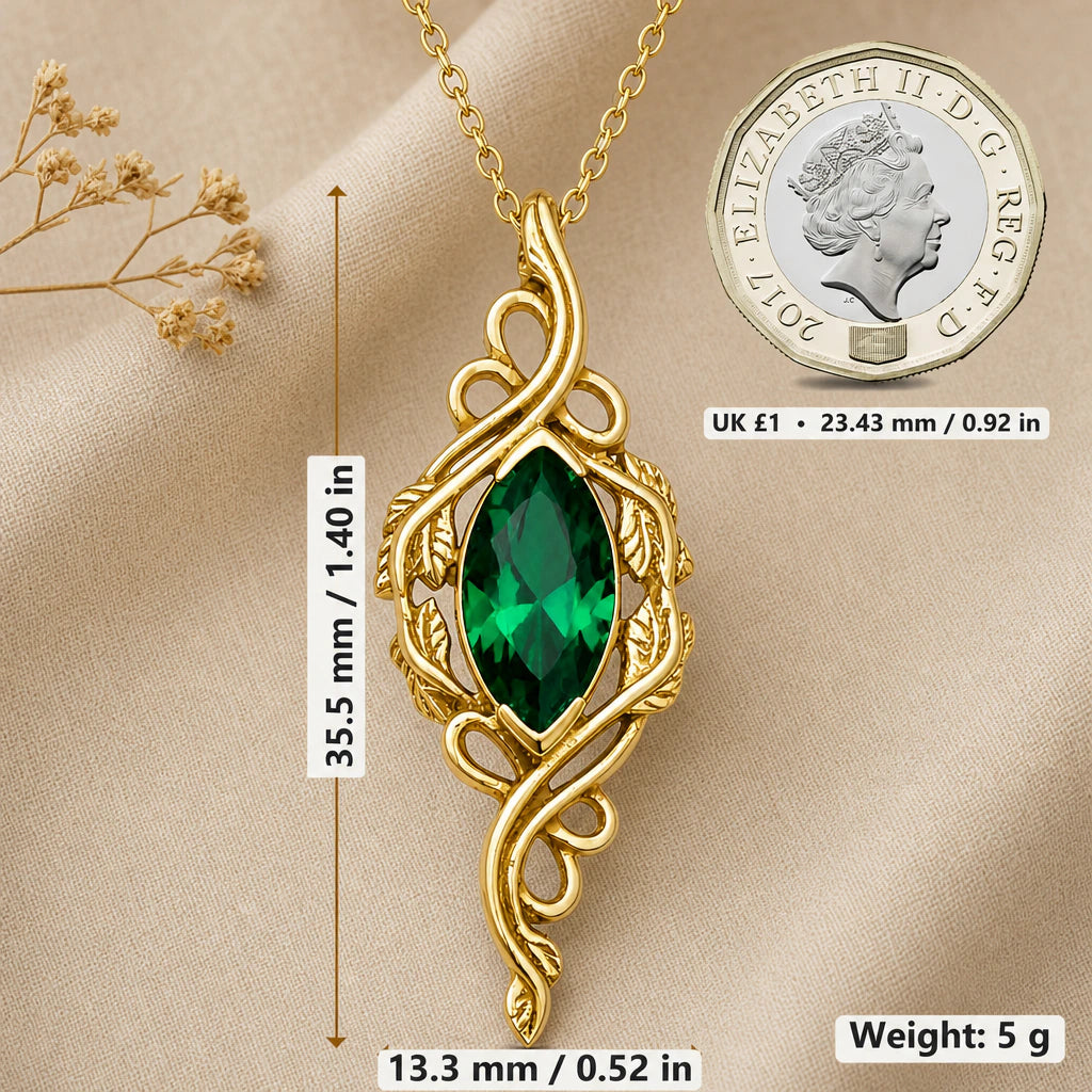 Marquise vine necklace size image showing 35.5 mm height, 13.3 mm width and 5 g weight beside a UK pound coin
