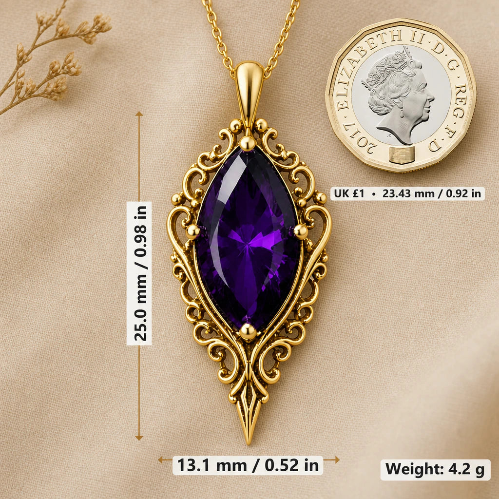 Gothic baroque necklace size image showing 25 mm height, 13.1 mm width and 4.2 g weight beside a UK pound coin