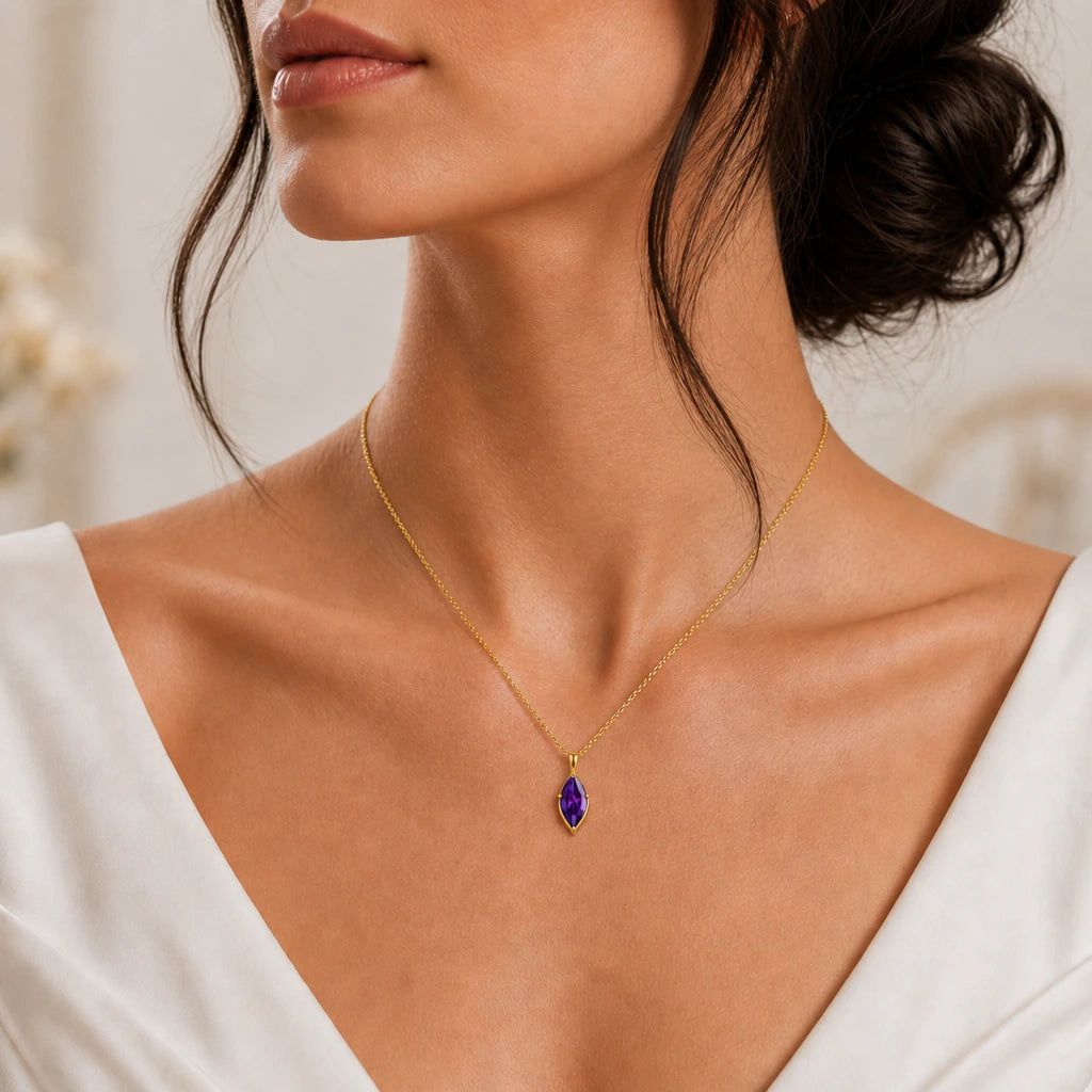 Marquise birthstone pendant necklace worn, close-up