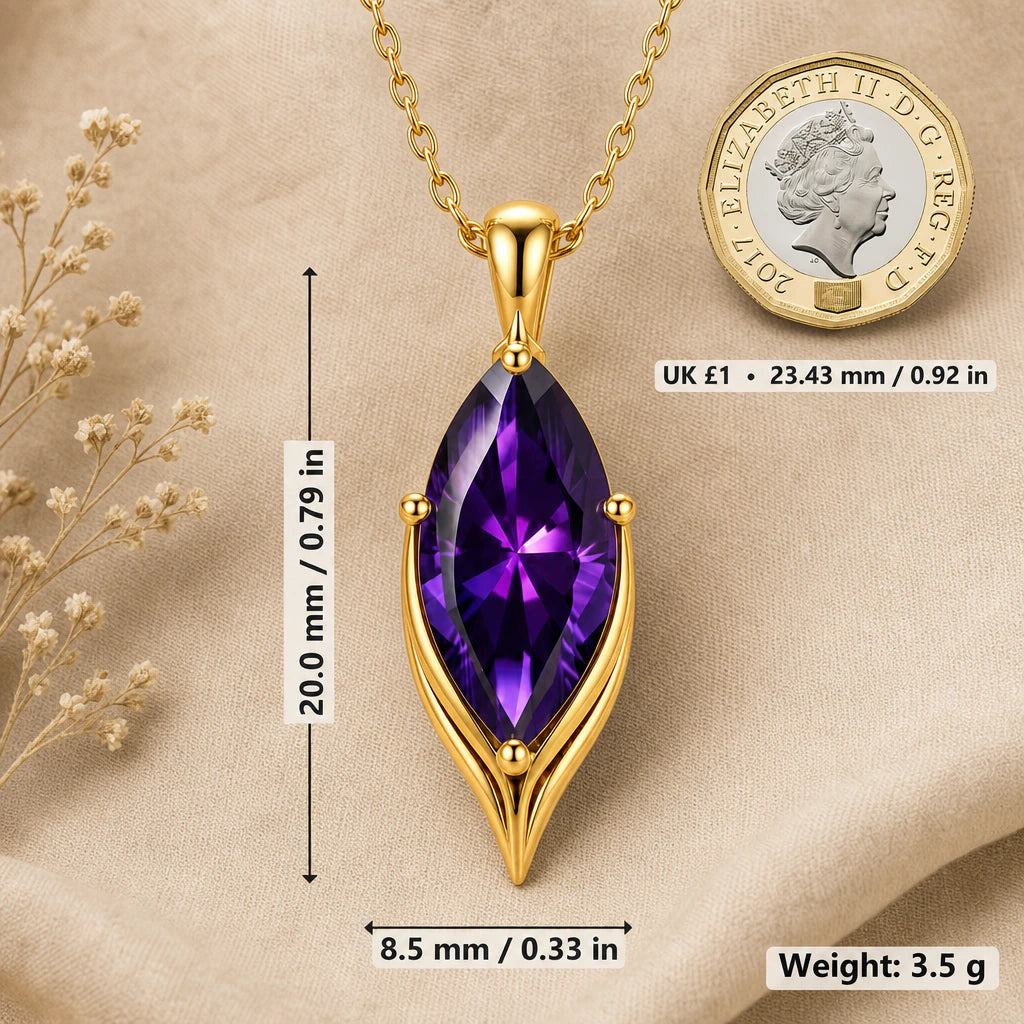 Marquise birthstone necklace size image showing 20 mm height, 8.5 mm width and 3.5 g weight beside a UK pound coin