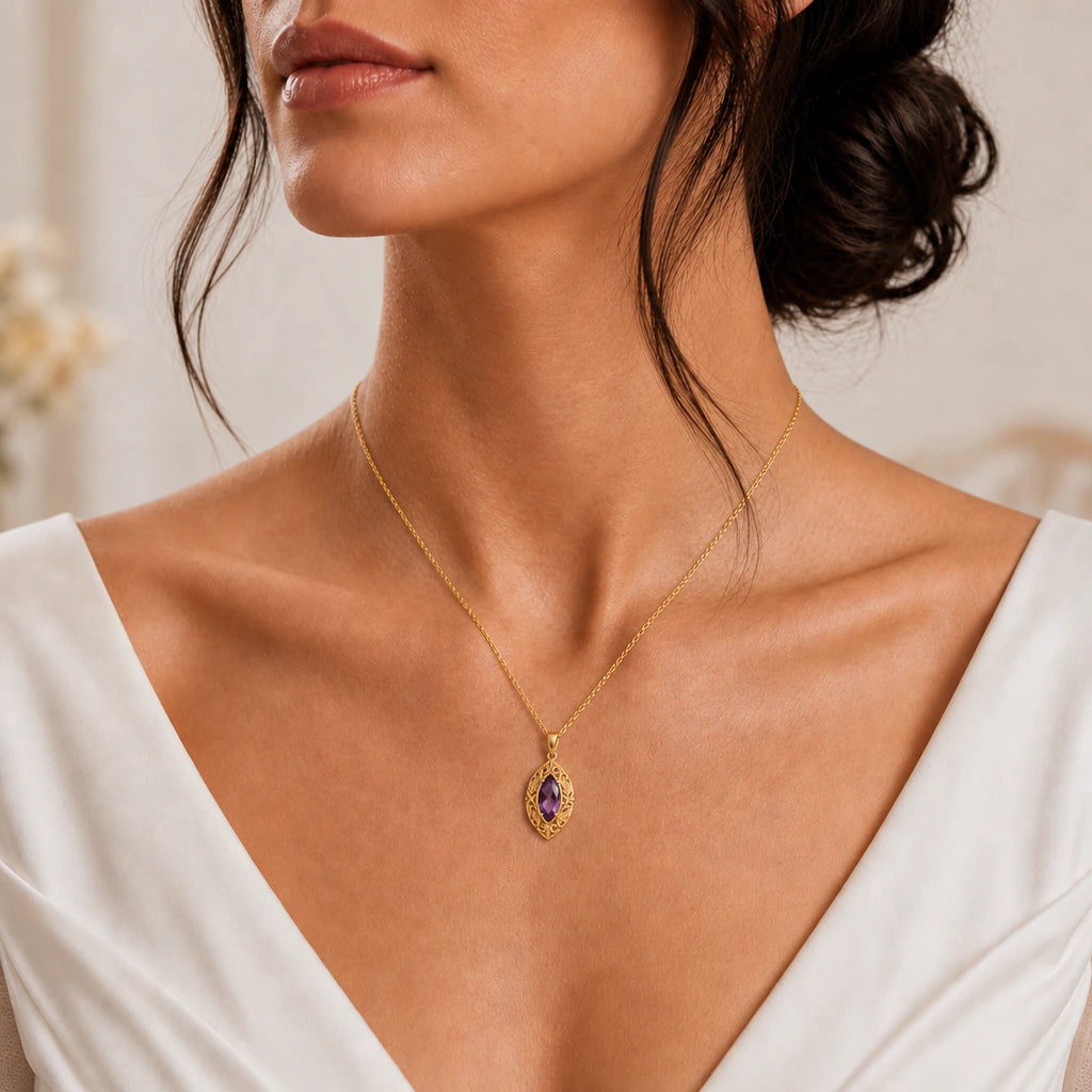 Leaf vine birthstone pendant necklace worn, close-up