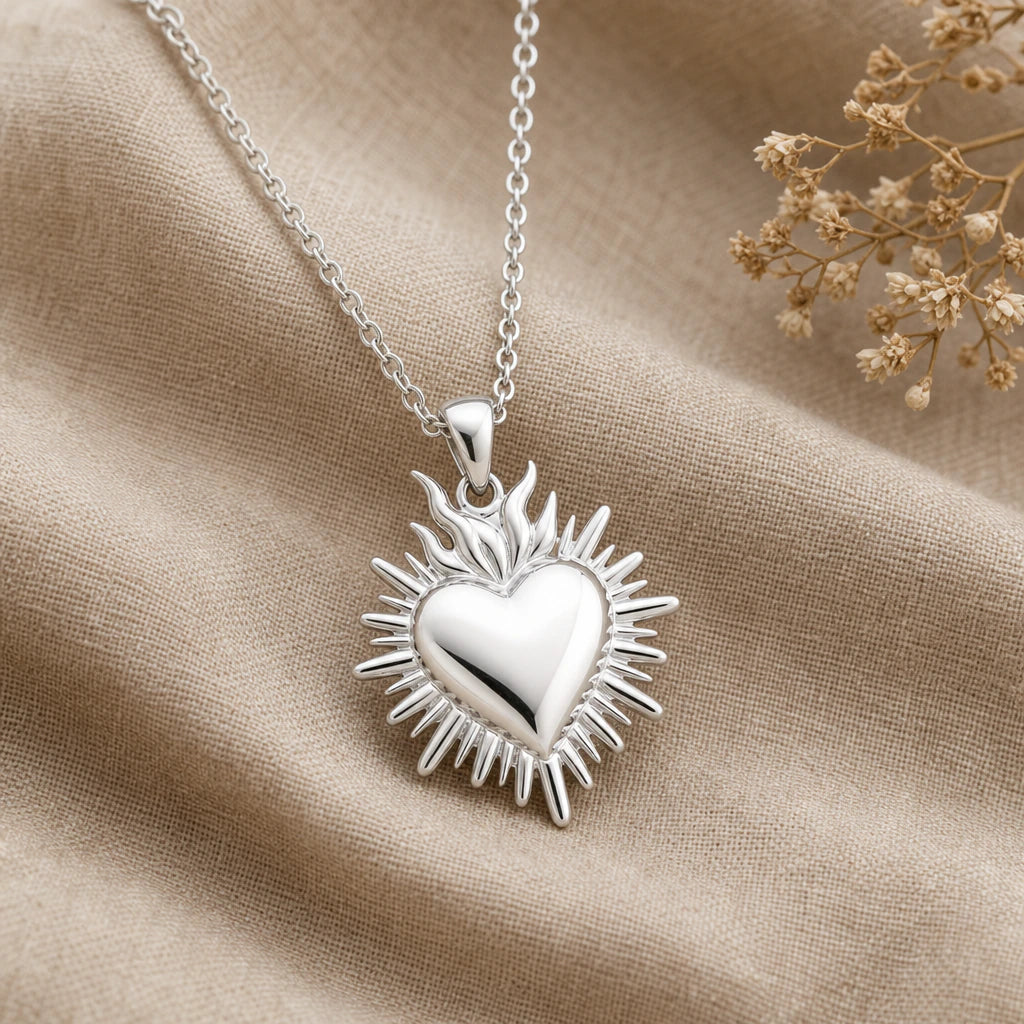 Close-up of silver sacred heart pendant with flames and radiating rays