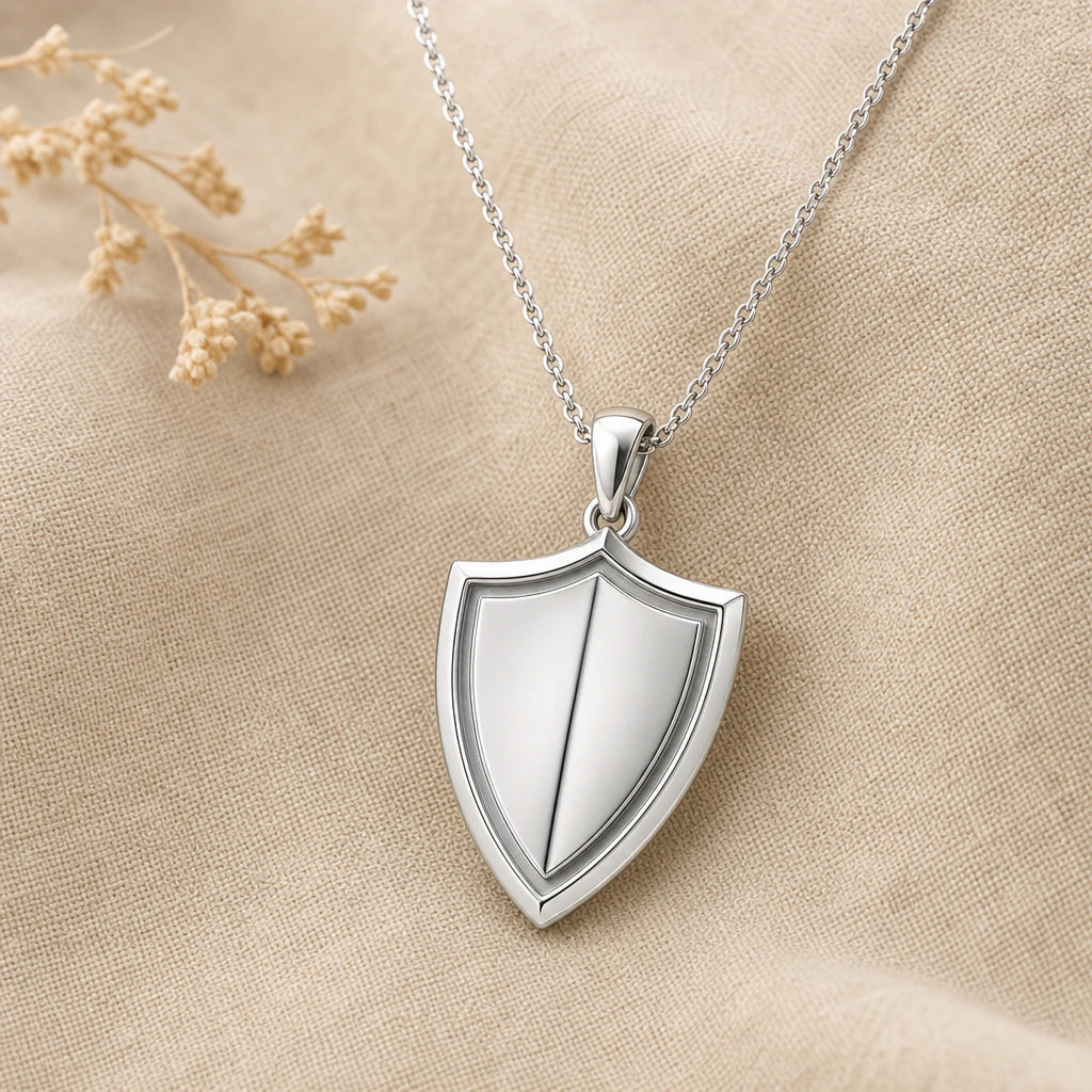 Close-up of silver shield pendant with raised border and central ridge