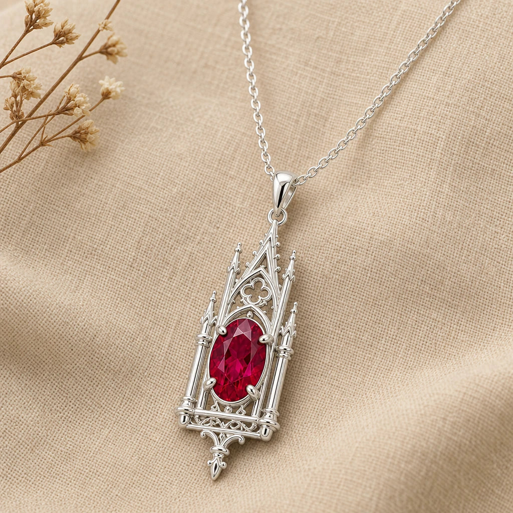 Gothic arch birthstone pendant necklace in 925 sterling silver