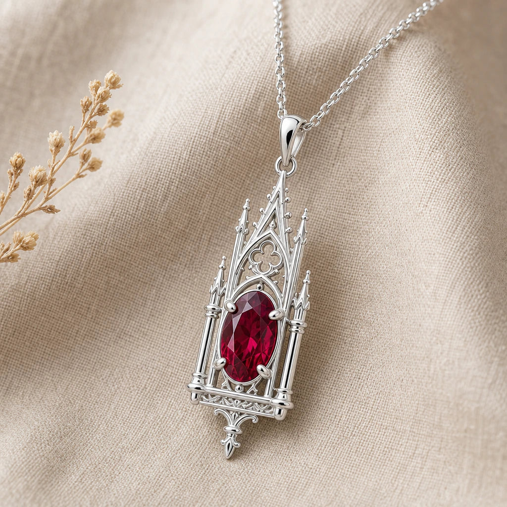 Close-up of silver gothic arch pendant with spires and oval stone