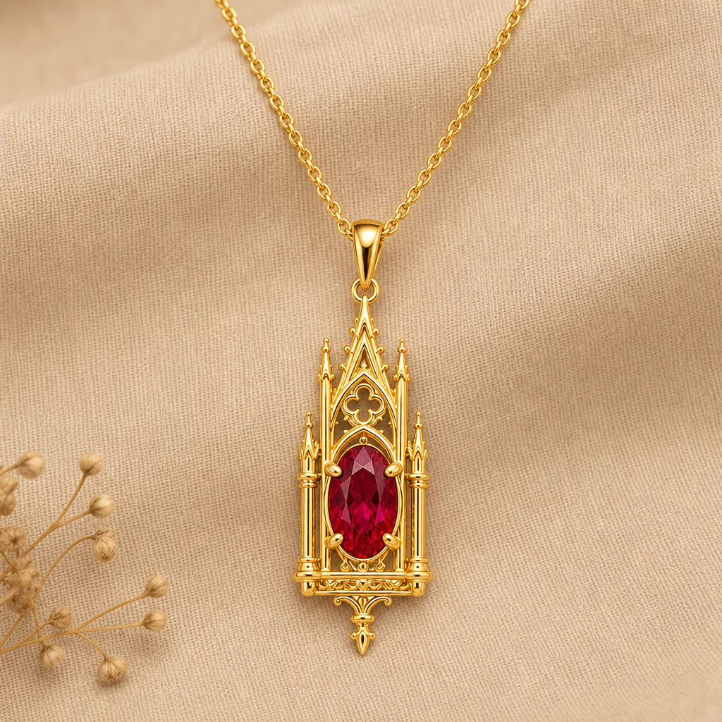Gothic arch birthstone pendant necklace in 18k gold plated sterling silver