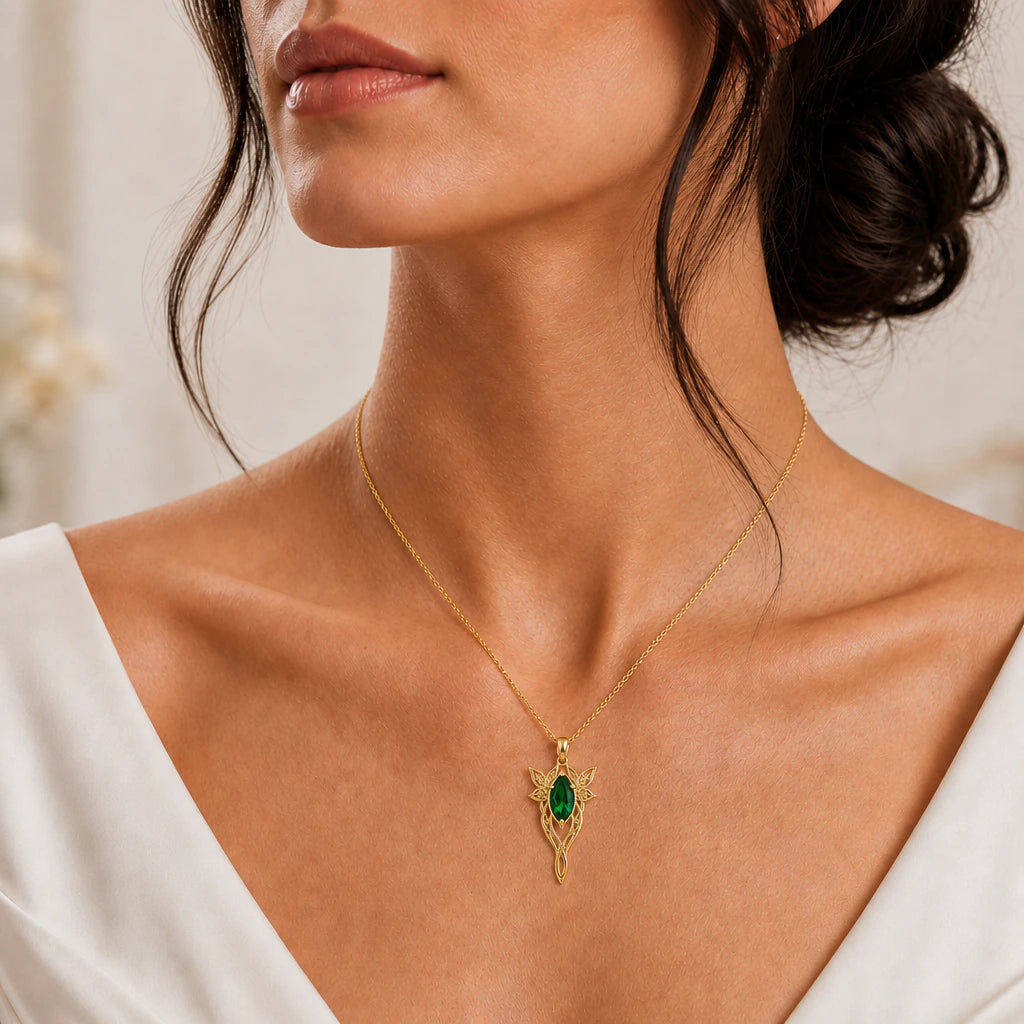 Guiding star birthstone pendant necklace worn, close-up