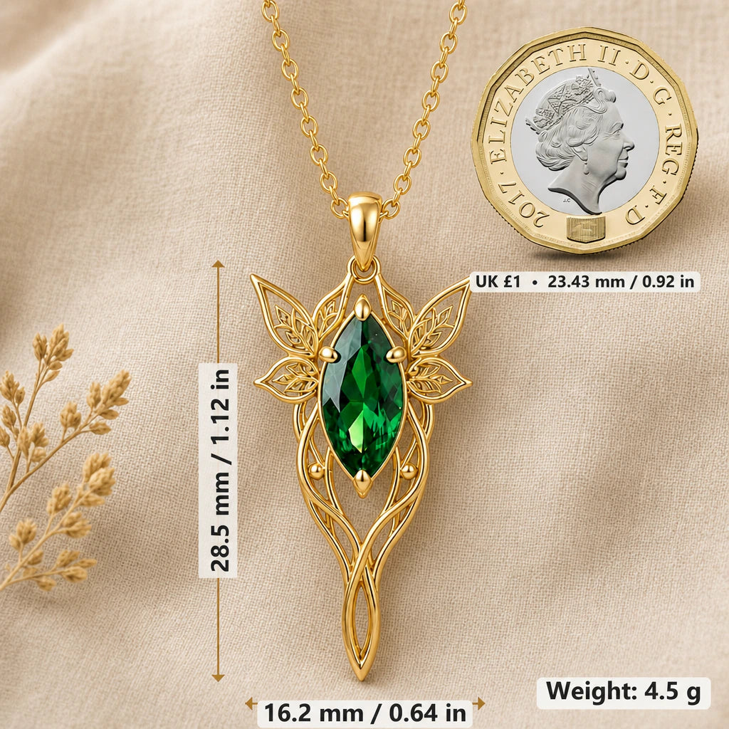 Guiding star necklace size image showing 28.5 mm height, 16.2 mm width and 4.5 g weight beside a UK pound coin