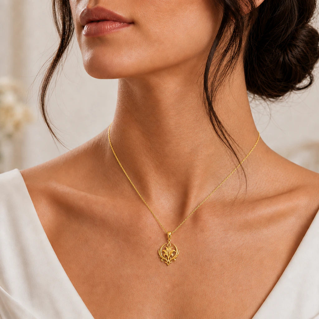 Lily crest pendant necklace worn, close-up