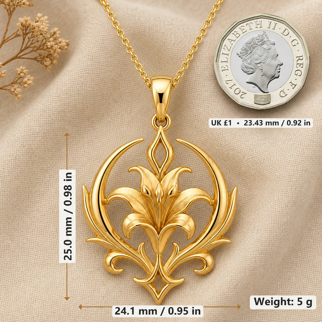Lily crest necklace size image showing 25 mm height, 24.1 mm width and 5 g weight beside a UK pound coin