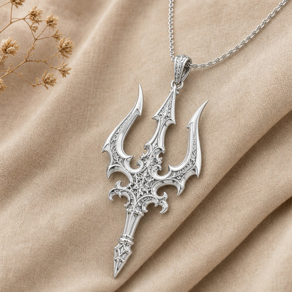 Close-up of silver trident pendant with barbed prongs and scrollwork