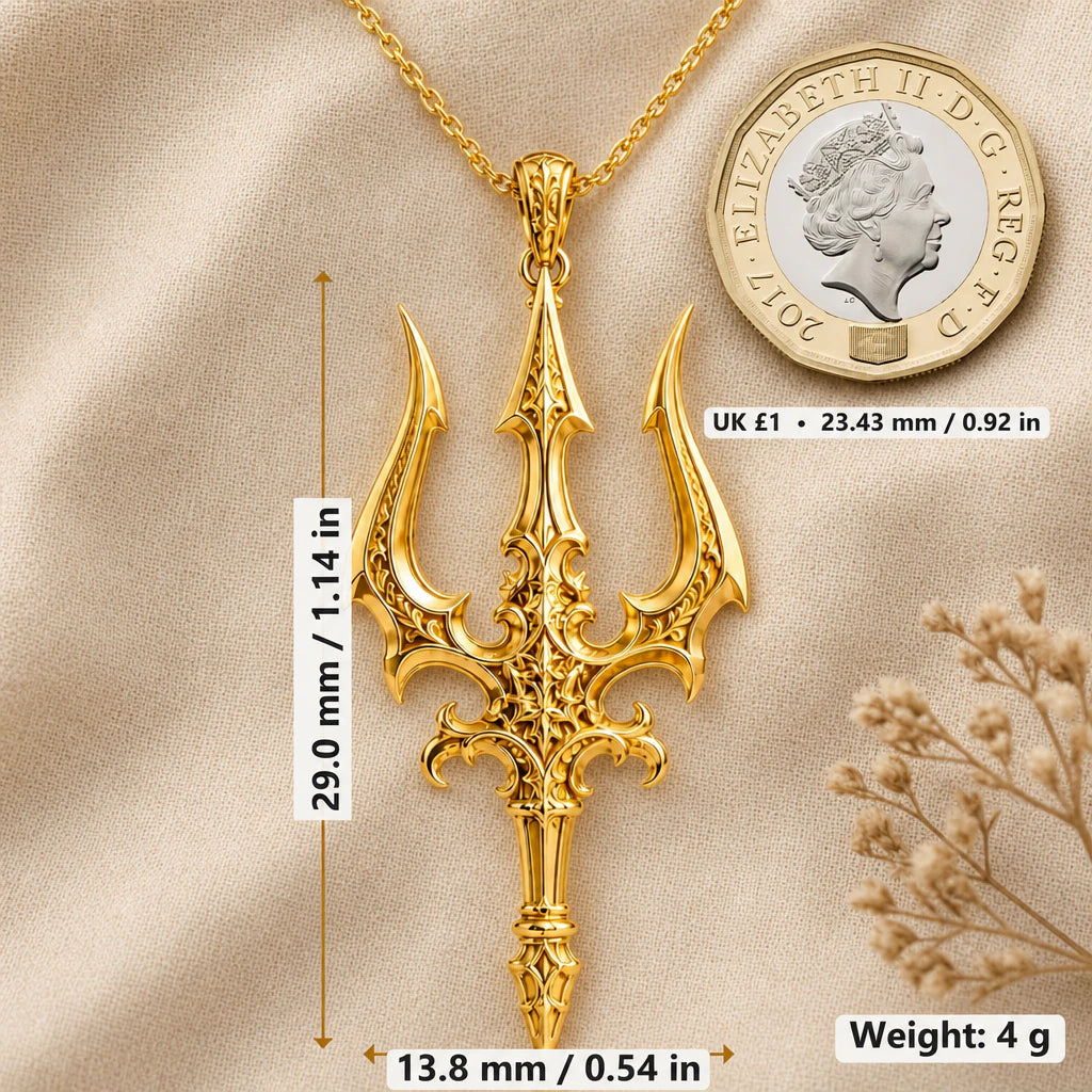 Trident necklace size image showing 29 mm height, 13.8 mm width and 4 g weight beside a UK pound coin