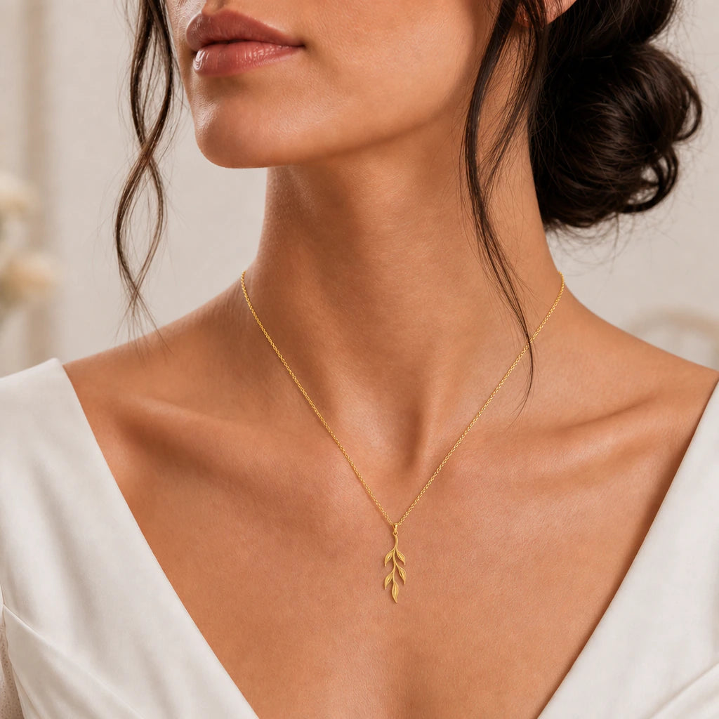 Sacred willow branch pendant necklace worn, close-up