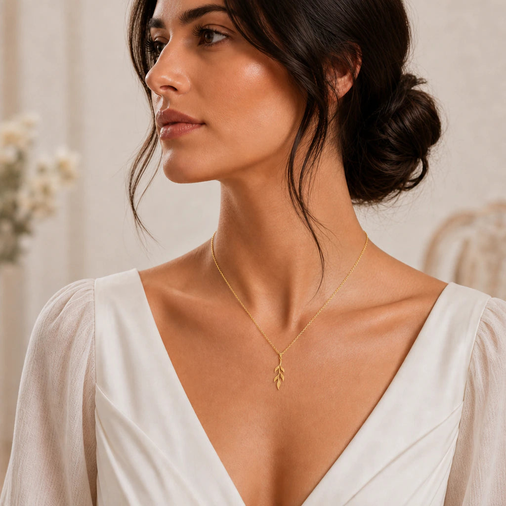 Sacred willow branch pendant necklace worn by a model