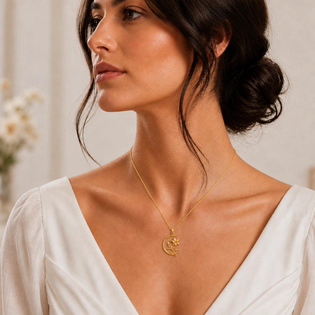 Crescent moon and lily pendant necklace worn by a model
