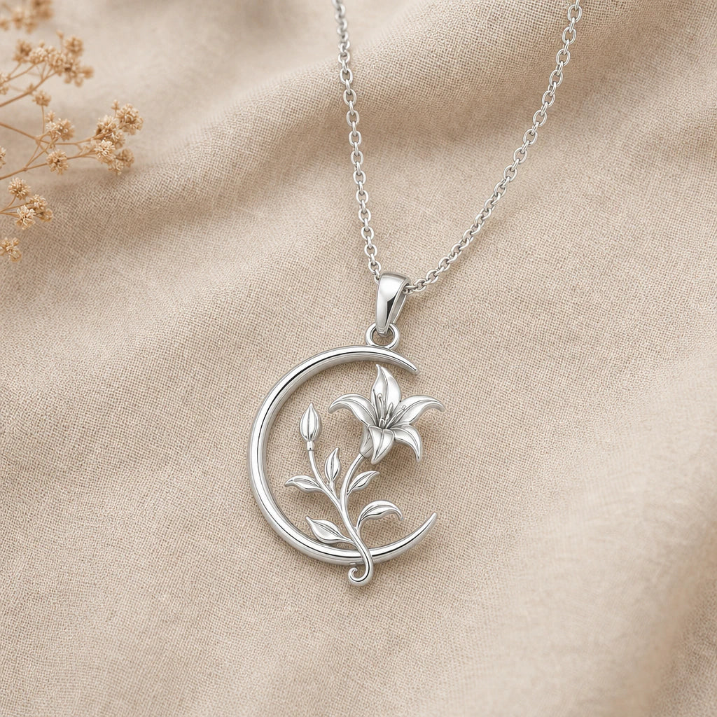 Crescent moon and lily pendant necklace in 925 sterling silver